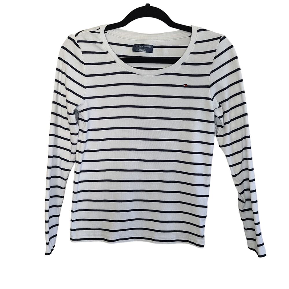 Tommy Hilfiger White And Navy Blue Striped Long Sleeve‎ Top S